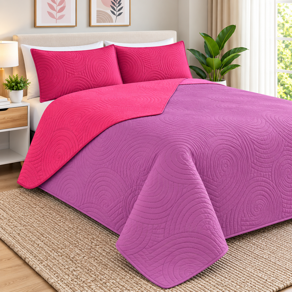 Cobertor Quilt Doral Hotpress Bicolor Fucsia / Rosado 2 plazas