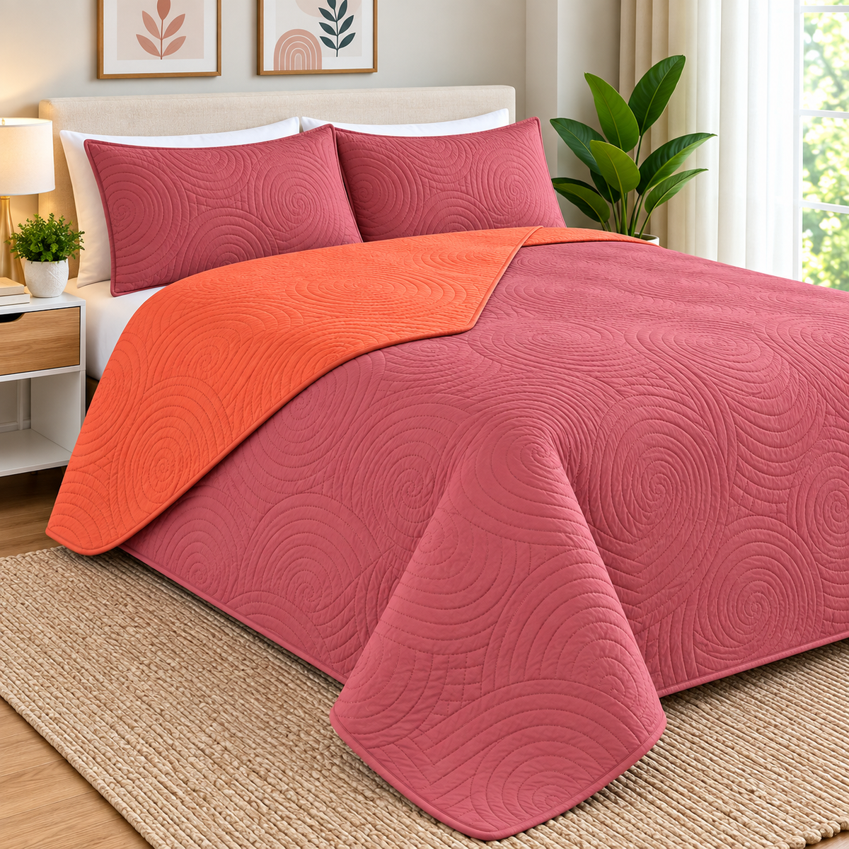 Cobertor Quilt Doral Hotpress Bicolor  Rojo /Naranja 2.5 Plazas