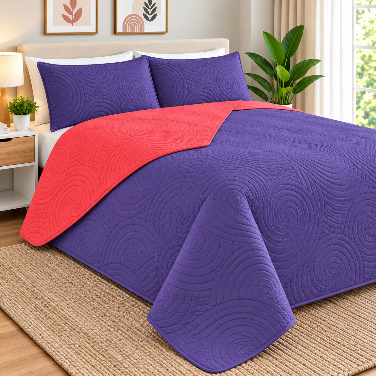 Cobertor Quilt Doral Hotpress Bicolor  morado y rojo 2.5 Plazas