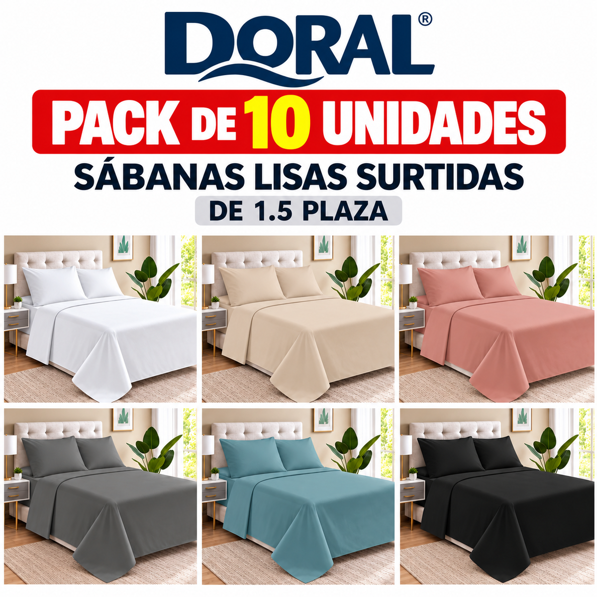 Pack 10 Juegos de Sábanas Doral Lisas 1.5 Plazas Colores Surtidos