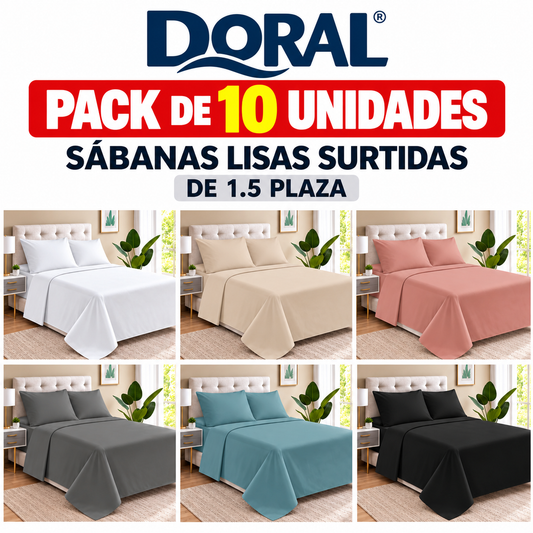 Pack 10 Juegos de Sábanas Doral Lisas 1.5 Plazas Colores Surtidos
