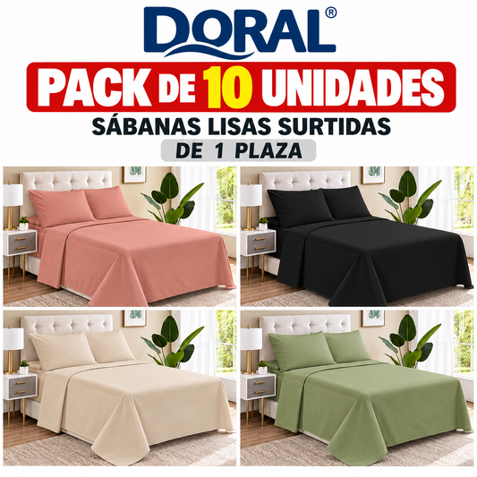 Pack 10 Juegos de Sábanas Doral Lisas 1 Plaza Colores Surtidos