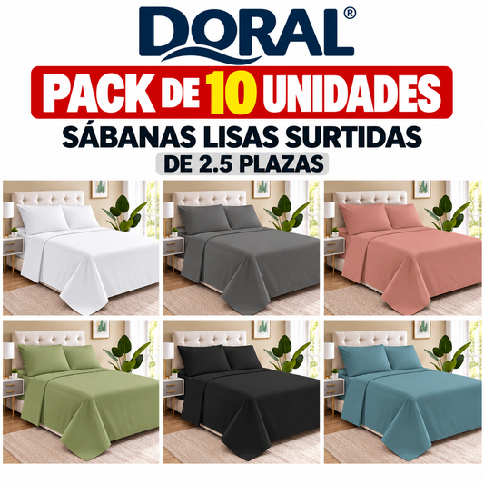 Pack 10 Juegos de Sábanas Doral Lisas 2.5 Plazas Colores Surtidos