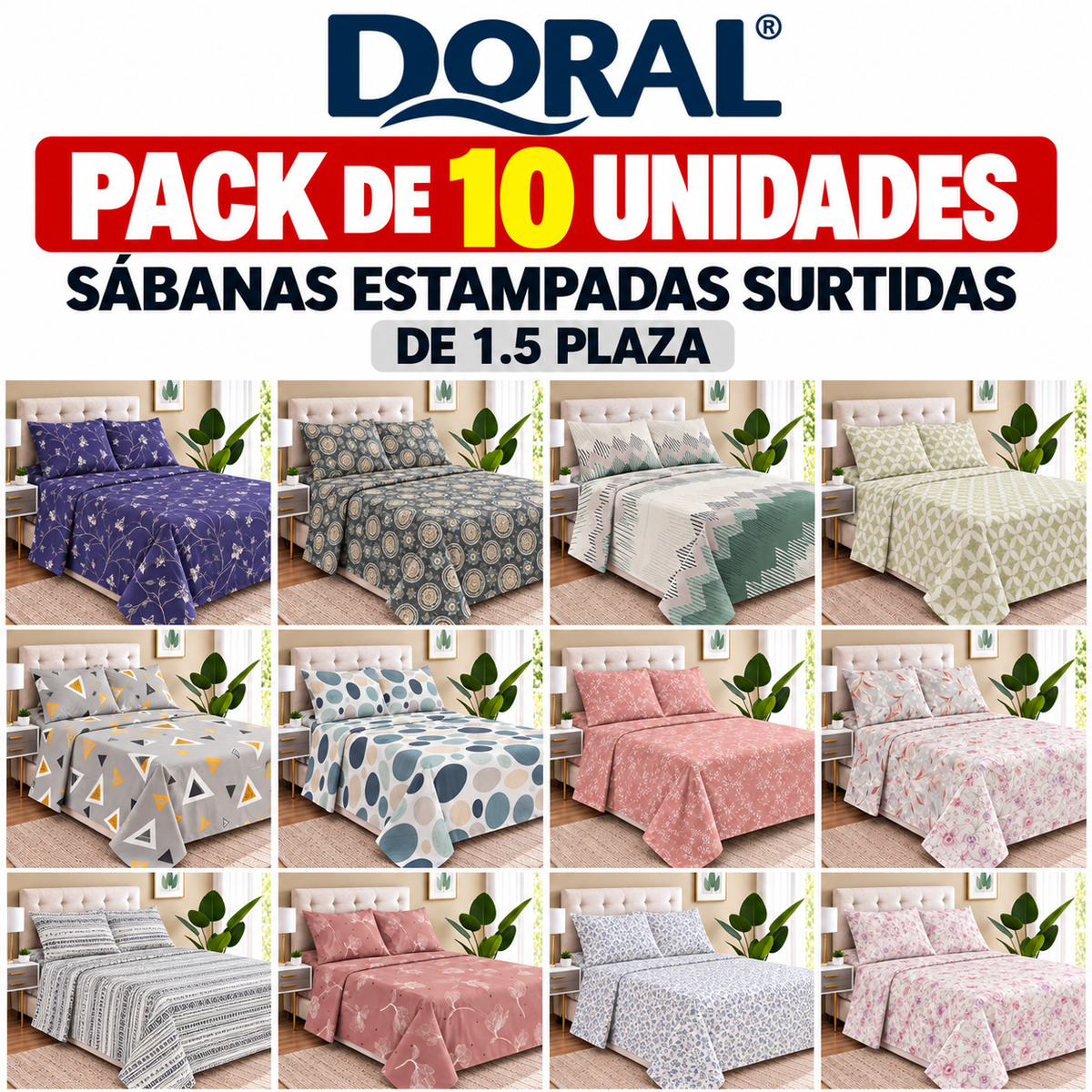 Pack 10 Juegos de Sábanas Doral Estampadas 1.5 Plazas Surtidas