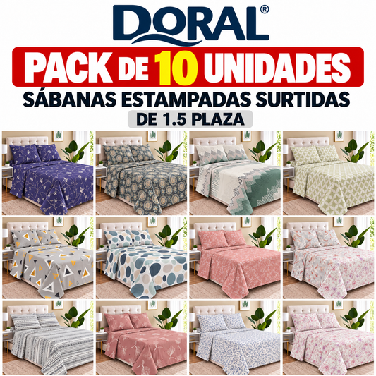 Pack 10 Juegos de Sábanas Doral Estampadas 1.5 Plazas Surtidas