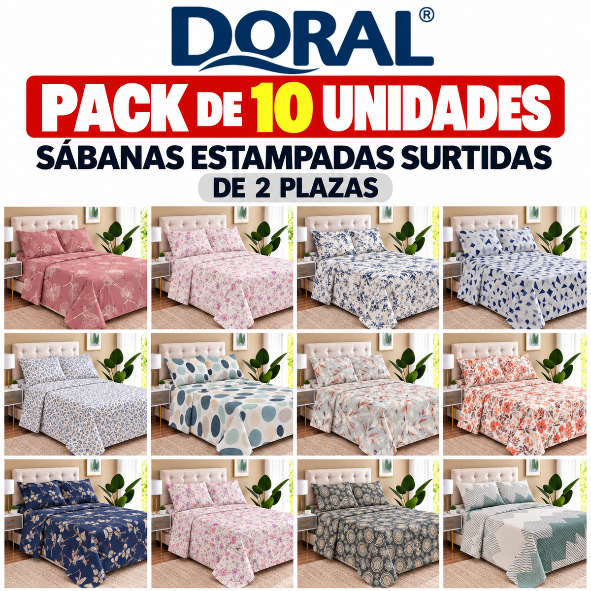 Pack 10 Juegos de Sábanas Doral Estampadas 2 Plazas Surtidas