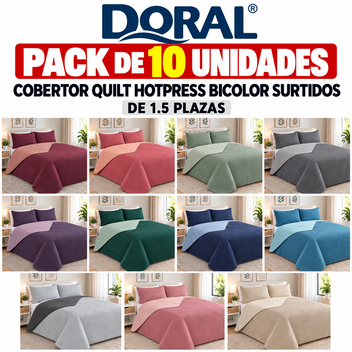 Pack 10 Cobertores Quilt Doral Hotpress Bicolor 1.5 Plazas Surtidos