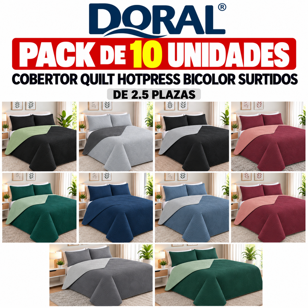 Pack 10 Cobertores Quilt Doral Hotpress Bicolor 2.5 Plazas Surtidos