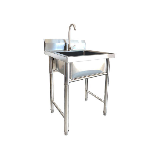Lavafondo de acero inoxidable con llave y desagüe, patas ajustables, ideal para cocinas o talleres.