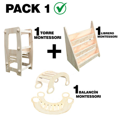 Pack 1 Montessori: Librero + Torre de Aprendizaje + Balancín para Niños