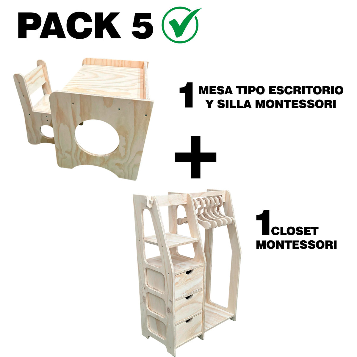 Pack 5 Montessori: Mesa + Silla + Clóset para Niños