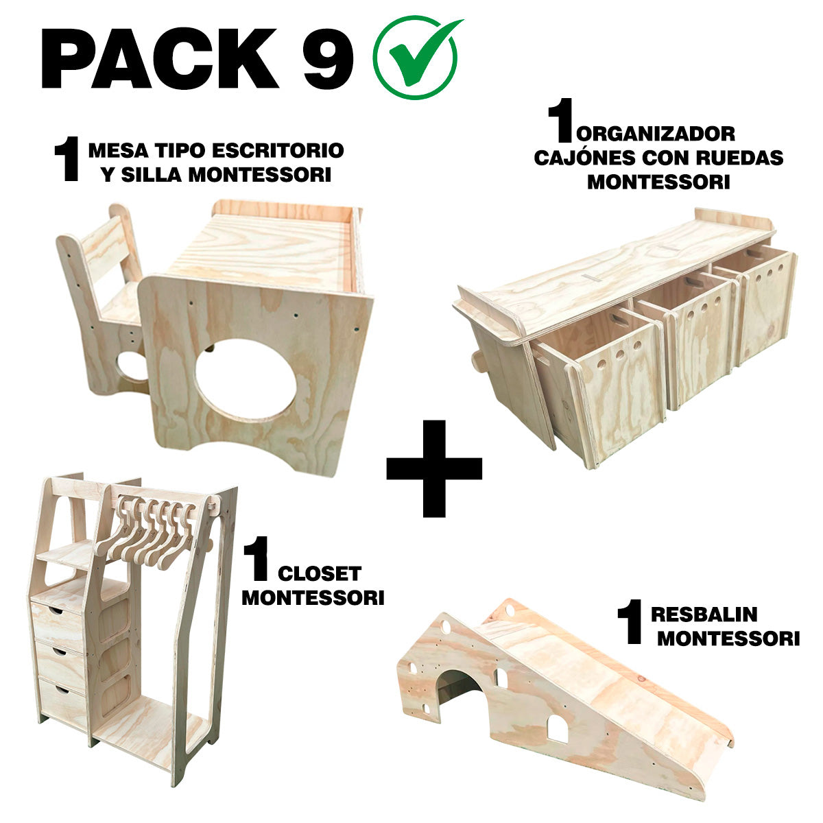 Pack 9 Montessori: Mesa + Silla + Organizador + Clóset + Resbalín para Niños