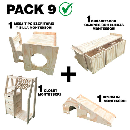 Pack 9 Montessori: Mesa + Silla + Organizador + Clóset + Resbalín para Niños