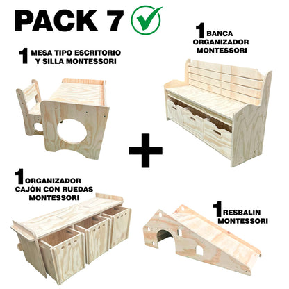 Pack 7 Montessori: Mesa + Silla + Banco Organizador + Resbalín + Organizador para Niños