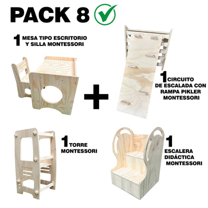 Pack 8 Montessori: Mesa + Silla + Circuito de Escalada + Escalera Didáctica + Torre de Aprendizaje para Niños