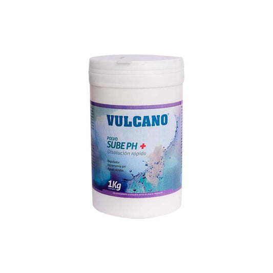 Envase de plástico blanco de 1 kg con etiqueta azul y morada, marca Vulcano, que contiene polvo para subir el pH de piscinas.