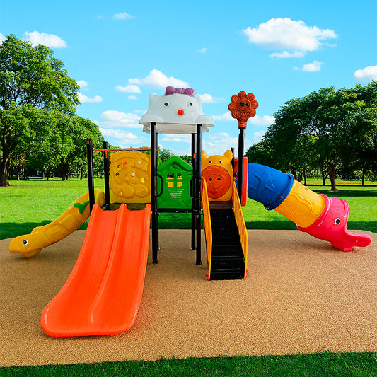 Juego Infantil de Exterior con 3 Toboganes y Túnel Oruga