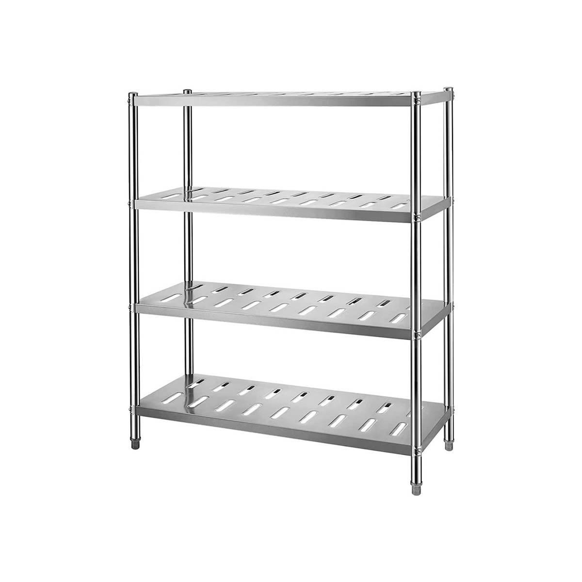 Estante de acero inoxidable con cuatro bandejas perforadas, ideal para almacenamiento en cocina o bodega.