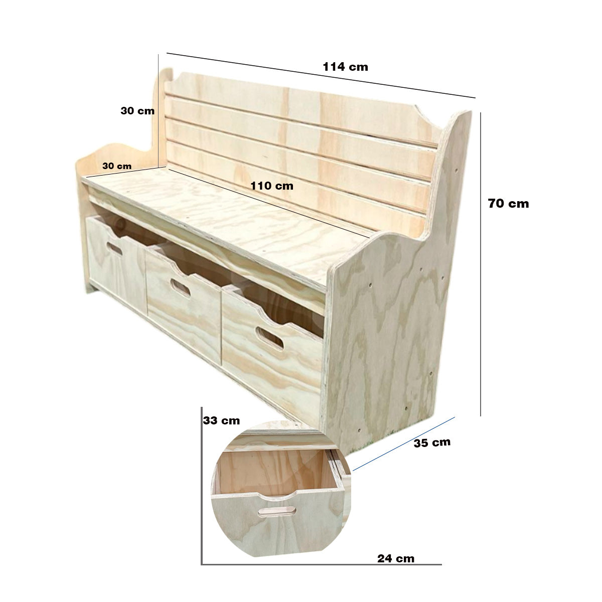 Banco de madera natural con tres cajones, respaldo y asiento amplio, ideal para almacenamiento y decoración.