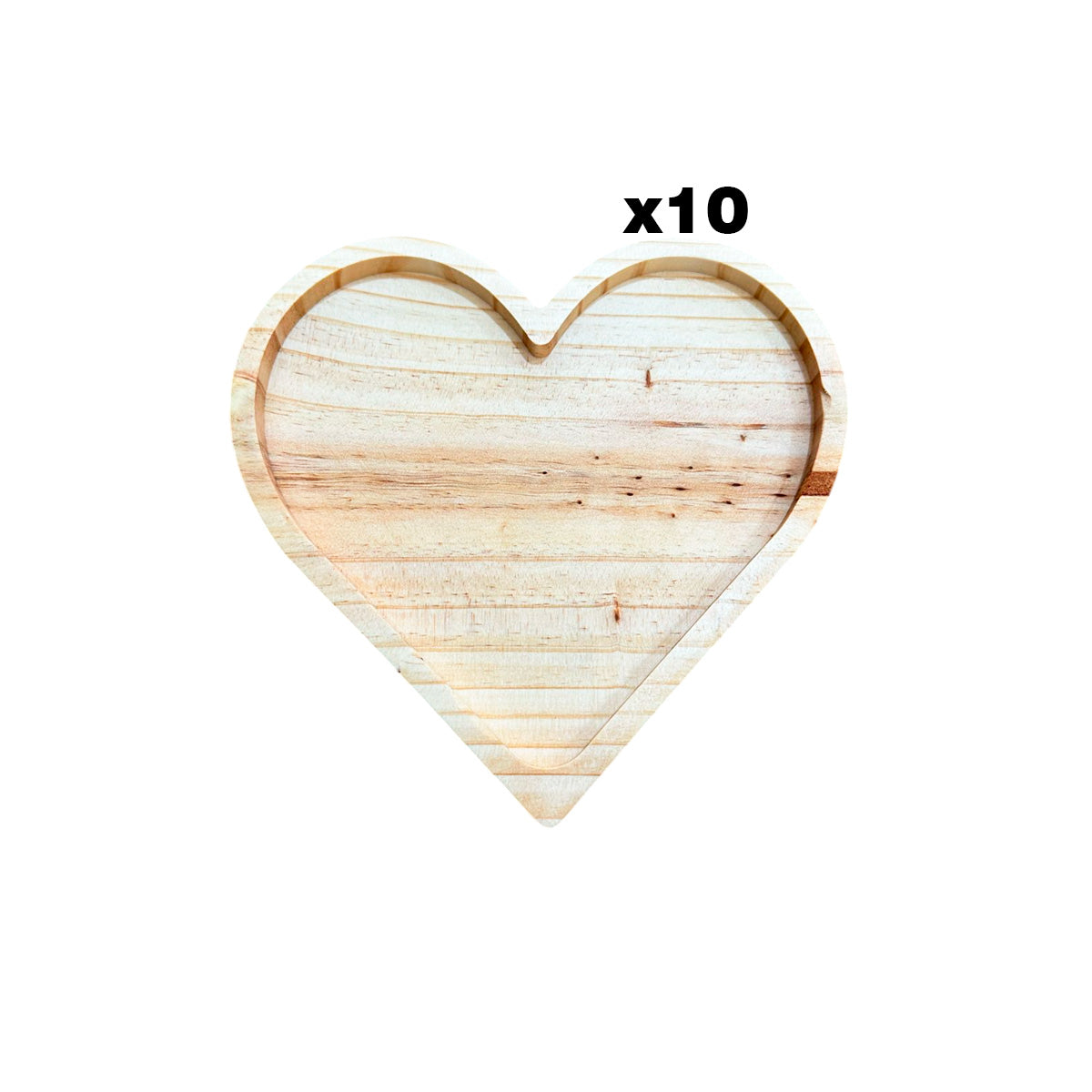 Imagen de una tabla de picoteo en forma de corazón hecha de madera clara, con un diseño elegante y rústico. Se muestra un pack de 10 unidades.