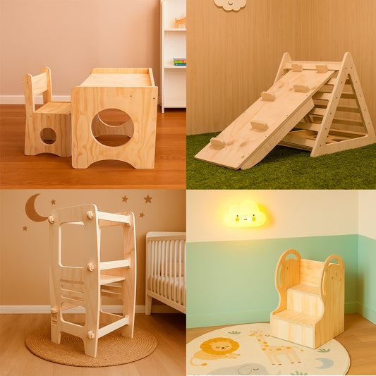 Pack 8 Montessori: Mesa + Silla + Circuito de Escalada + Escalera Didáctica + Torre de Aprendizaje para Niños