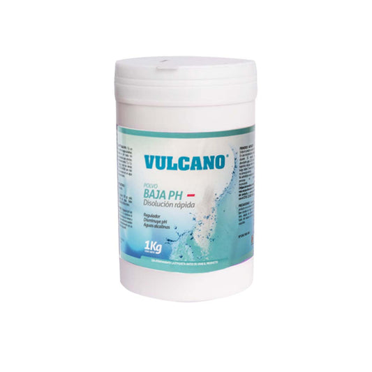 Envase de polvo baja pH Vulcano de 1 kg, ideal para regular el pH de piscinas.