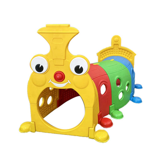 Túnel de juego infantil con diseño de trencito multicolor, ideal para niños pequeños, en un fondo blanco.