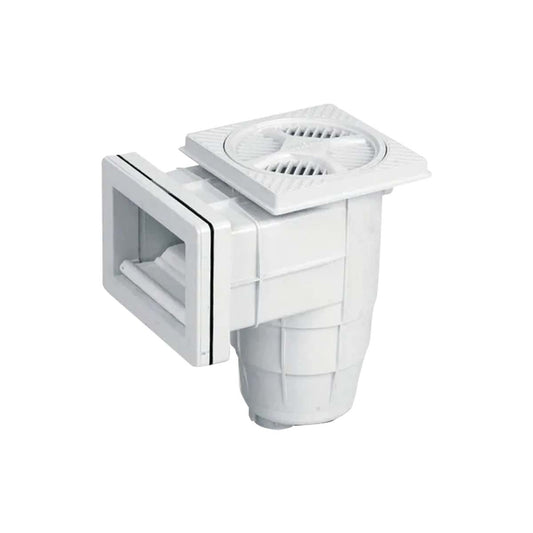 Imagen de un skimmer blanco Vulcano Mini, diseñado para piscinas de fibra de vidrio, mostrando su estructura y tapa superior.