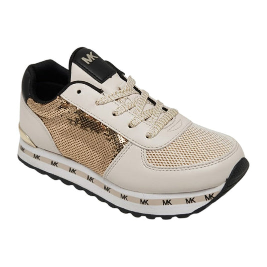 zapatillas Michael Kors Originales Beige con Panel Brillante y Detalles Dorados