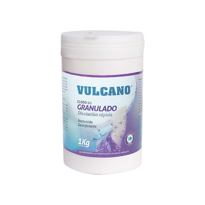 Envase de cloro granulado Vulcano de 1kg para piscina, con etiqueta azul y blanca.