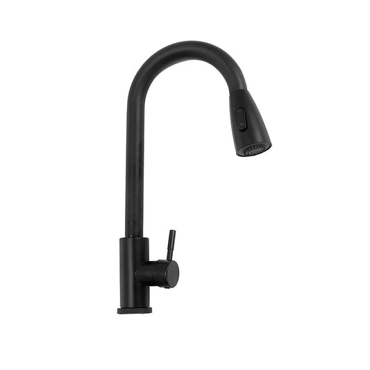 Imagen de una llave de lavaplatos negra con cuello flexible y diseño moderno, ideal para cocinas elegantes.