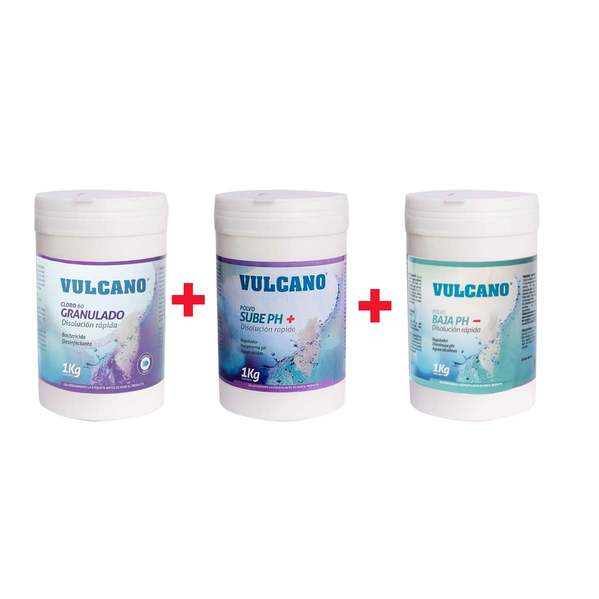Tres envases de productos Vulcano para piscina, incluyendo cloro granulado y polvos para ajustar el pH.