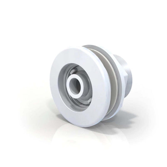 Retorno blanco para piscina de fibra de vidrio con diseño esférico y aro desmontable.