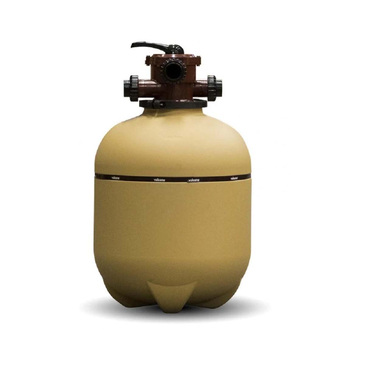 Imagen de un filtro para piscina Vulcano VC-50 de color beige, con una multiválvula en la parte superior.