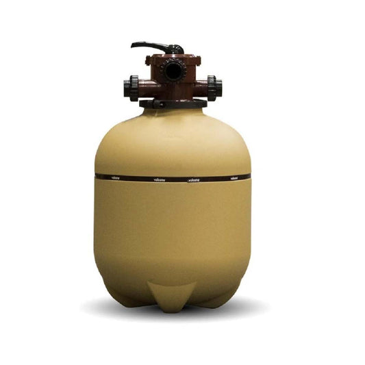 Imagen de un filtro para piscina Vulcano VC-50 de color beige, con una multiválvula en la parte superior.