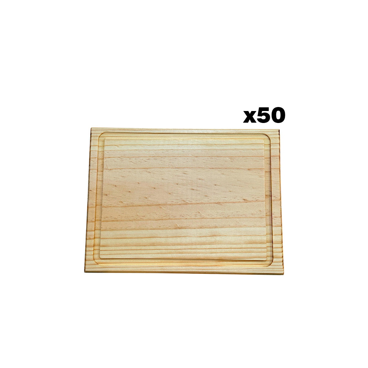 Imagen de una tabla rectangular de pino cepillado, con un diseño sencillo y elegante, apilada en un pack de 50 unidades.